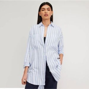 Everlane The Way-Long Linen Shirt Blue White Stripe Oversized Tunic Size Medium